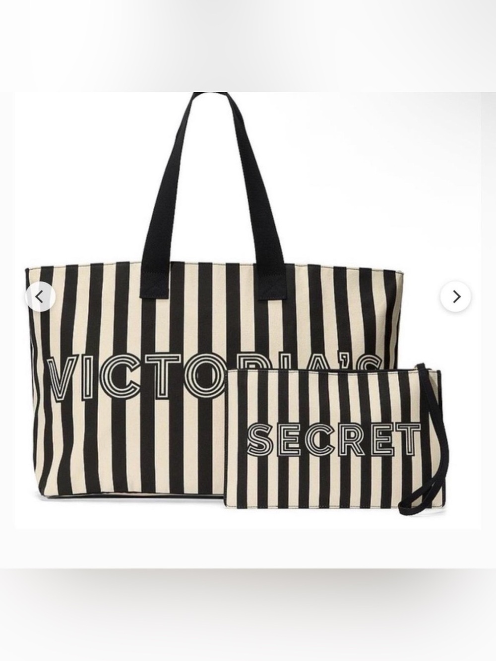 Victoria's Secret Black and Cream Vertical Stripe Tote with Matching Pouch